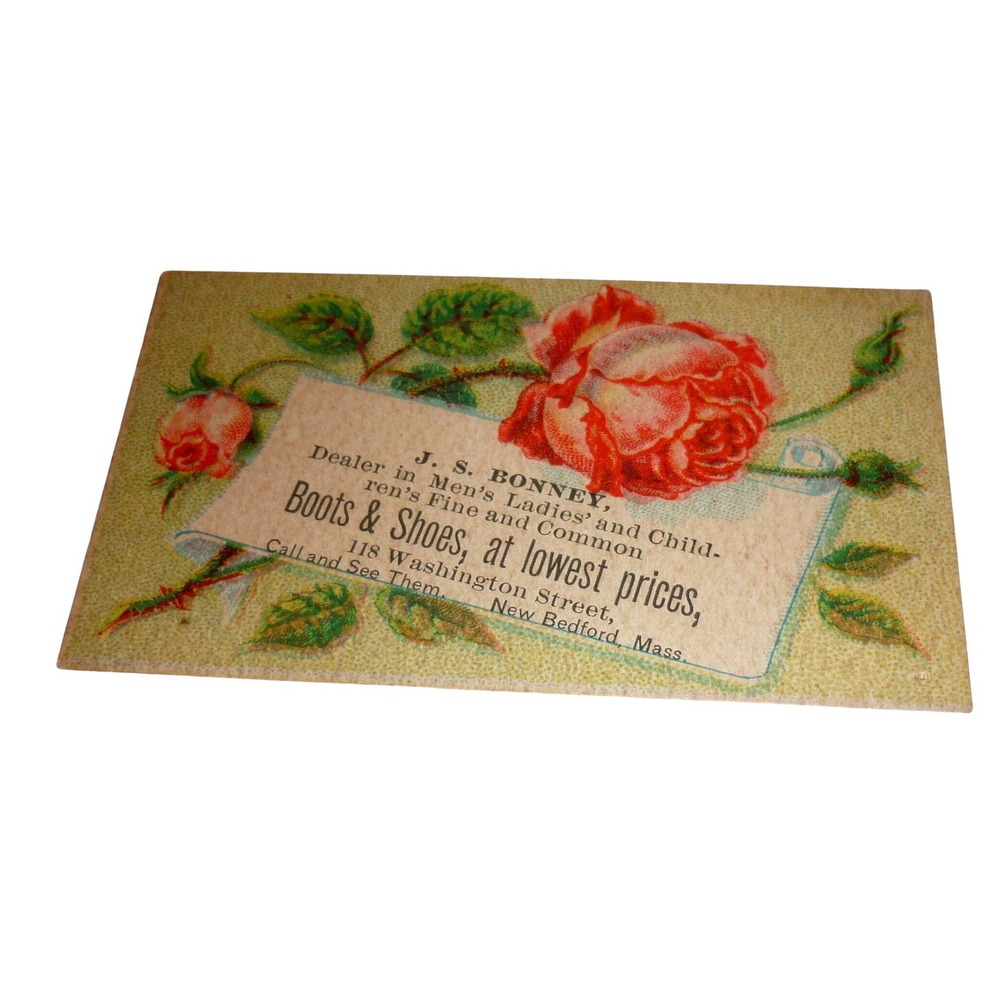 Antique Victorian Trade Card JS Bonney Boots Shoes New Bedford MA Red Rose Litho